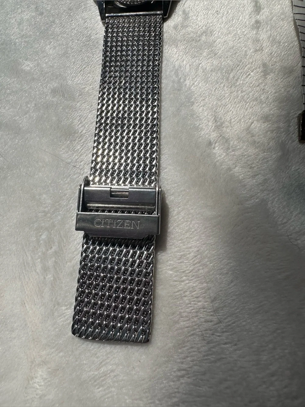 Citizen Eco Drive Silver Mesh Watch with Black Dial and White Character Accents